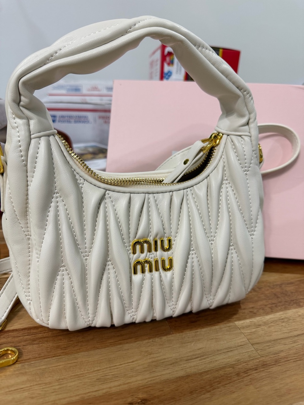 Miu Miu Cream Quilted Leather Shoulder Bag with Gold Hardware